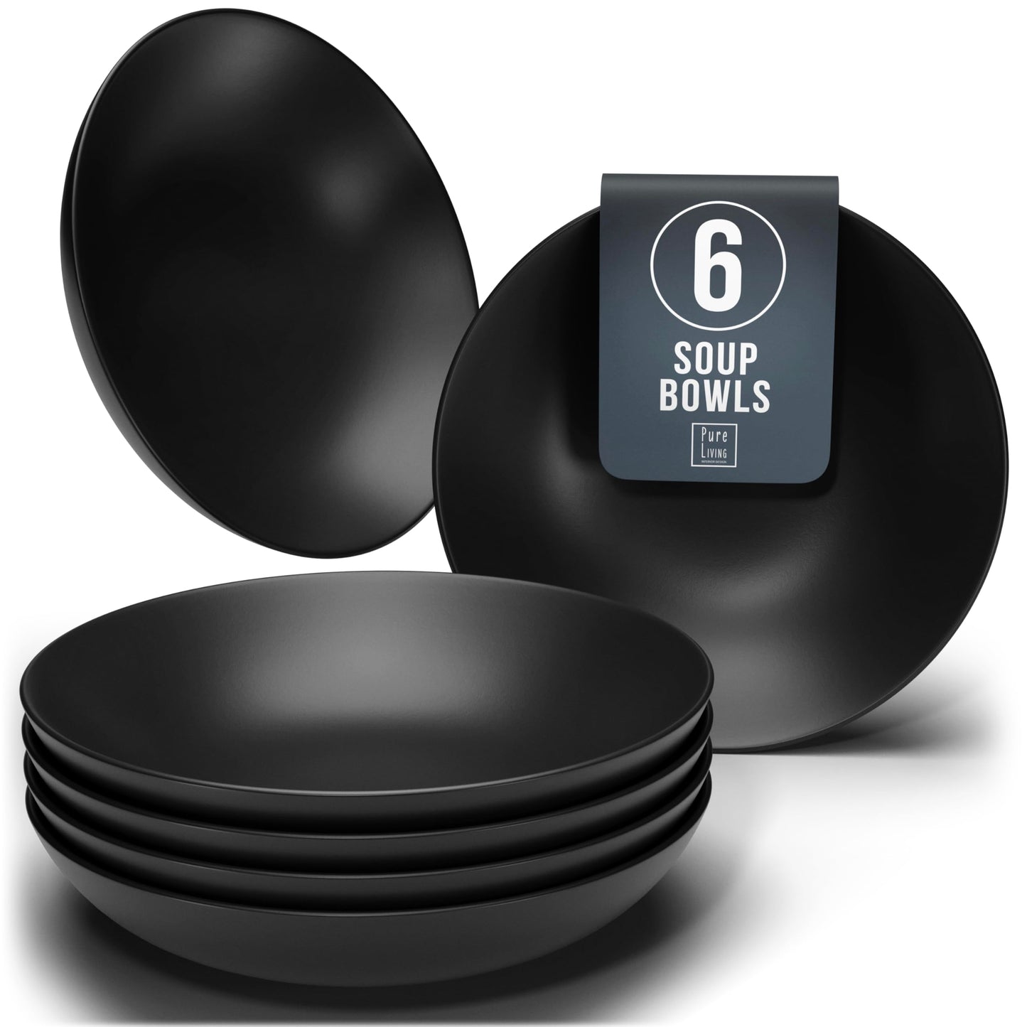 Manhattan Urban Black Line - 6-Piece Matte Black Soup Plate Set - Premium Stoneware, Dishwasher and Microwave Safe - Stylish Deep Plate Set, Perfect