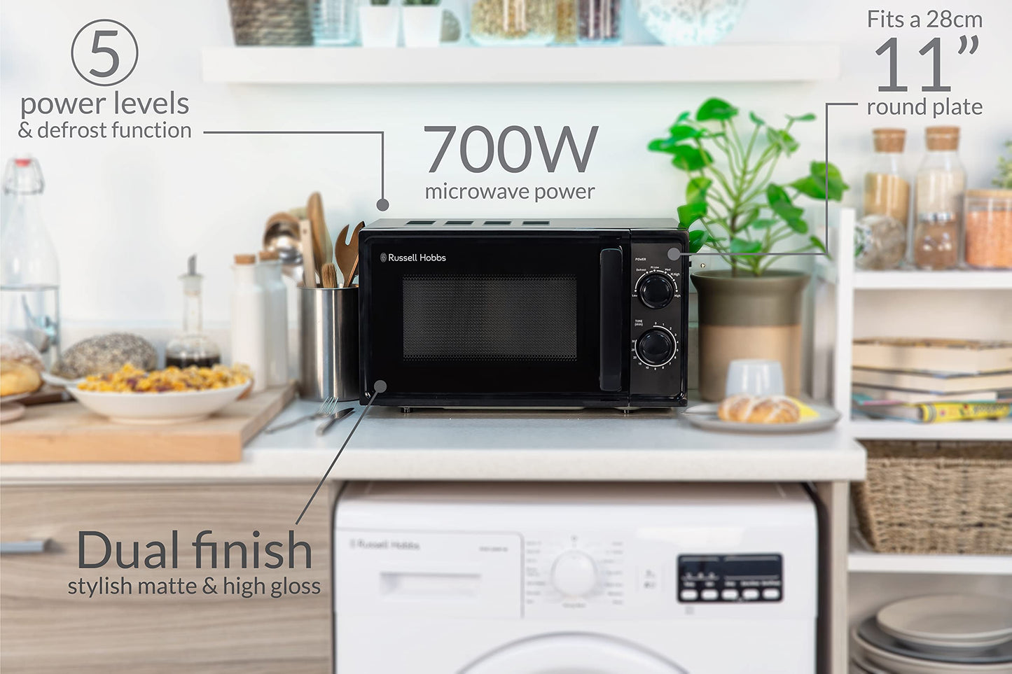 Russell Hobbs 17L Small Microwave Black Manual Textures 700W with 5 Power Levels & 30 min Timer, Defrost Function & Easy Clean, RHM1725B