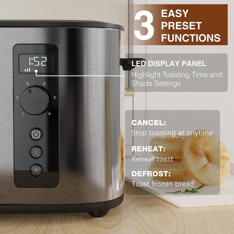 Anfilank Toaster 4 Slice, Countdown Timer, 6 Browning Settings, Built-in Warming Rack, Defrost/Reheat/Cancel Functions, Removable Crumb Tray,