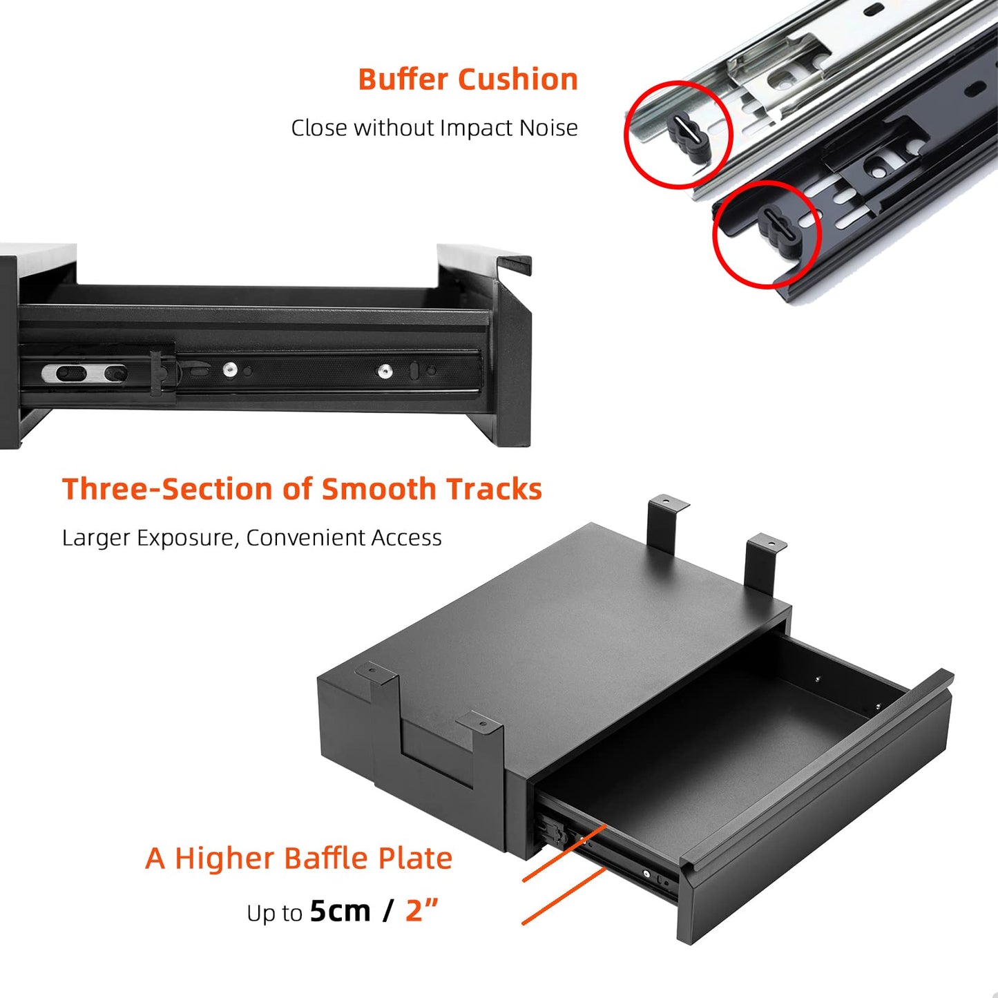 OSteed Large Under Desk Drawer Metal Black, Pull-out Storage Organizer, Under Shelf Storage Drawer, Desk Extender with Tall Brackets Mount Under Table