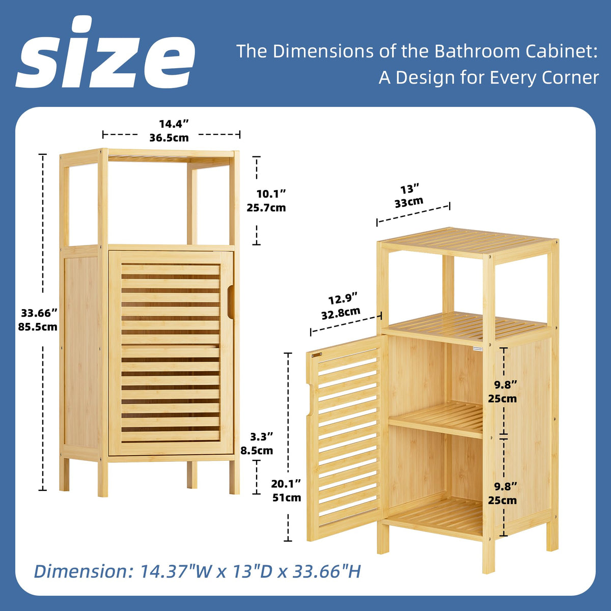 HITNET Bathroom Cabinet Freestanding, Small Bamboo Floor Cabinet, Sofa Side Table Storage Organizer, Space Saving Kitchen Cupboard for Bedroom Living