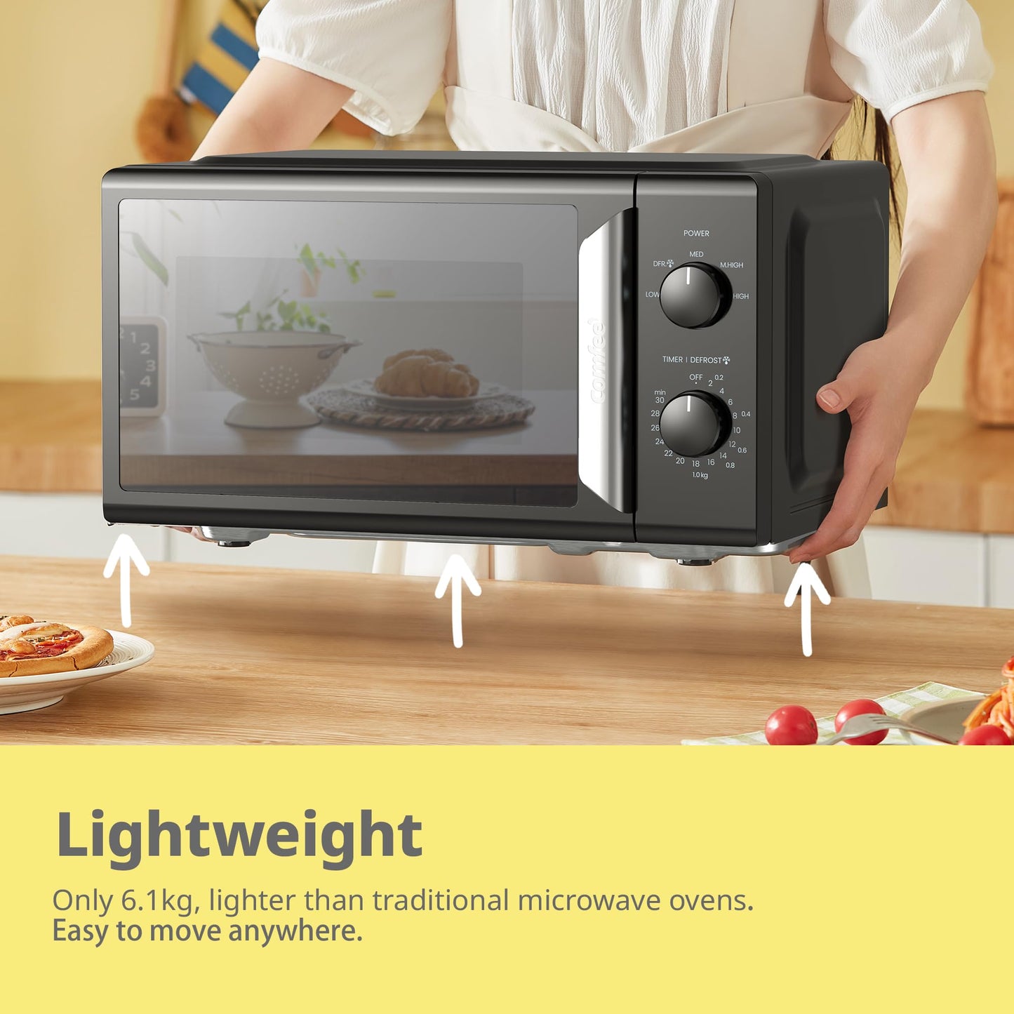 COMFEE' 19L 700W Black and Mirror Mini Microwave Oven, Compact Design, InverTech and Quick Defrost Function, 5 Cooking Power Levels with Kitchen