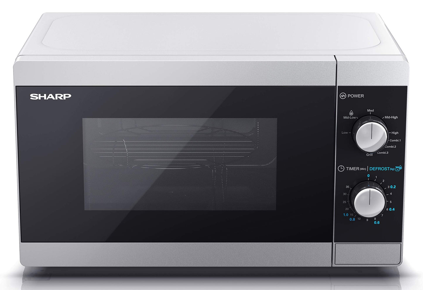 SHARP YC-MG01U-S Compact 20 Litre 800W Manual control Microwave with 1000W Grill, 5 power levels, defrost function, LED cavity light - Silver
