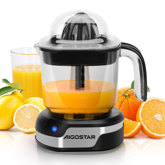 Aigostar 1.2L Orange Juicer Electric Citrus Juicer with LED Working Lamp, 2 Citrus Cones, Two Way Rotation, Filter, Lemon Squeezer Press for Orange