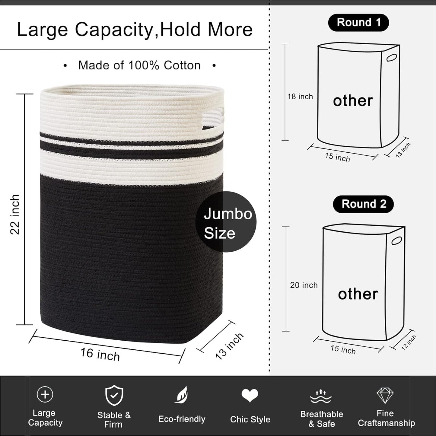 OIAHOMY Laundry Hamper-Laundry Basket,Tall Cotton Storage Basket with Handles,Decorative Blanket Basket for Living room,Collapsible Large Basket for
