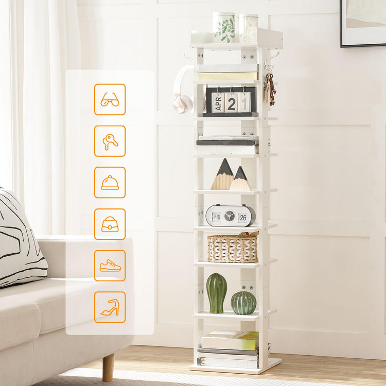 HOOBRO Narrow Shoe Rack, 9-Tier Tall Shoe Rack, Wooden Shoe Storage Organizer with 2 Hooks, Slim Shoe Shelf, Vertical Shoe Tower for Entrance, Living