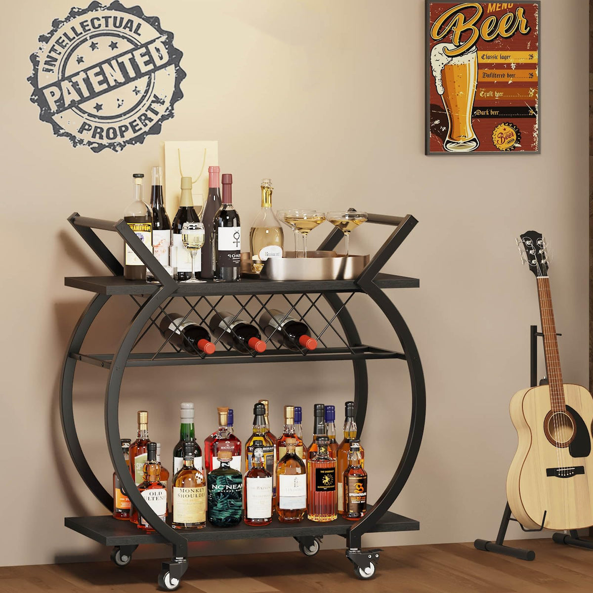 LVB Drinks Trolley, Rolling Bar Cart, Kitchen Trolley on Wheels, Modern Serving Trolley, Wine Cart with Storage Shelves, Wine Holders, for Home Bar