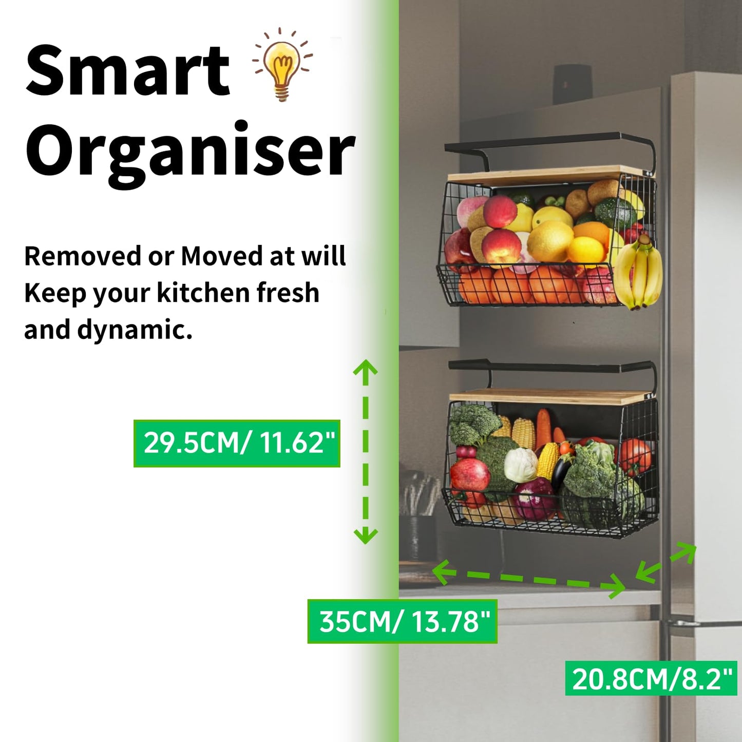 OMISHINE 2 Set Magnetic Shelf, Fruit Baskets for Kitchens, Spice Rack Fruit Bowls 2 in 1 Onions and Potatoes Storage, Vegetable Organiser, Magnetic