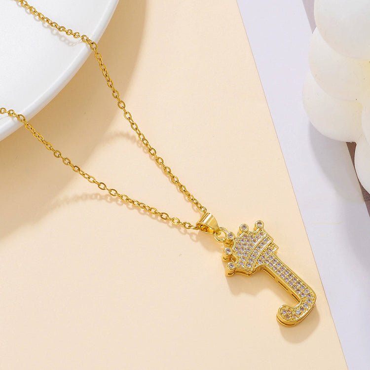 1PCS Fashionable Gold Diamond Crown Uppercase Letter Popular Pendant Necklace Suitable For Daily Use Festivals Parties Gifts Jewelry Set