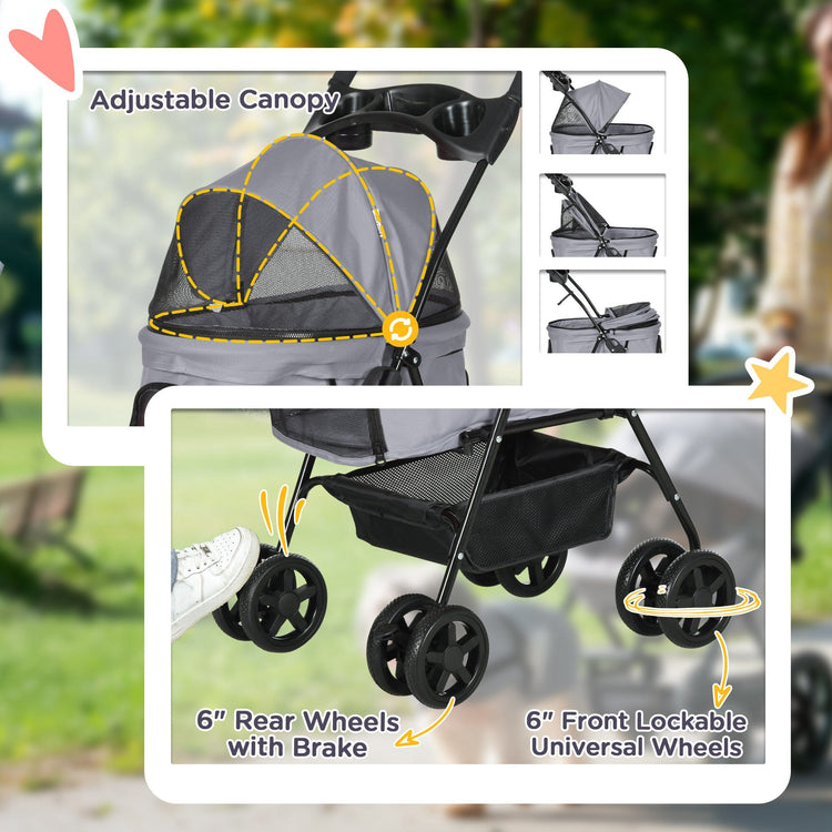 PawHut Dog Pram Dog Stroller Foldable Pet Pushchair with 4 Wheels, Safety Leashes, Cup Holder for Small Dogs, Grey
