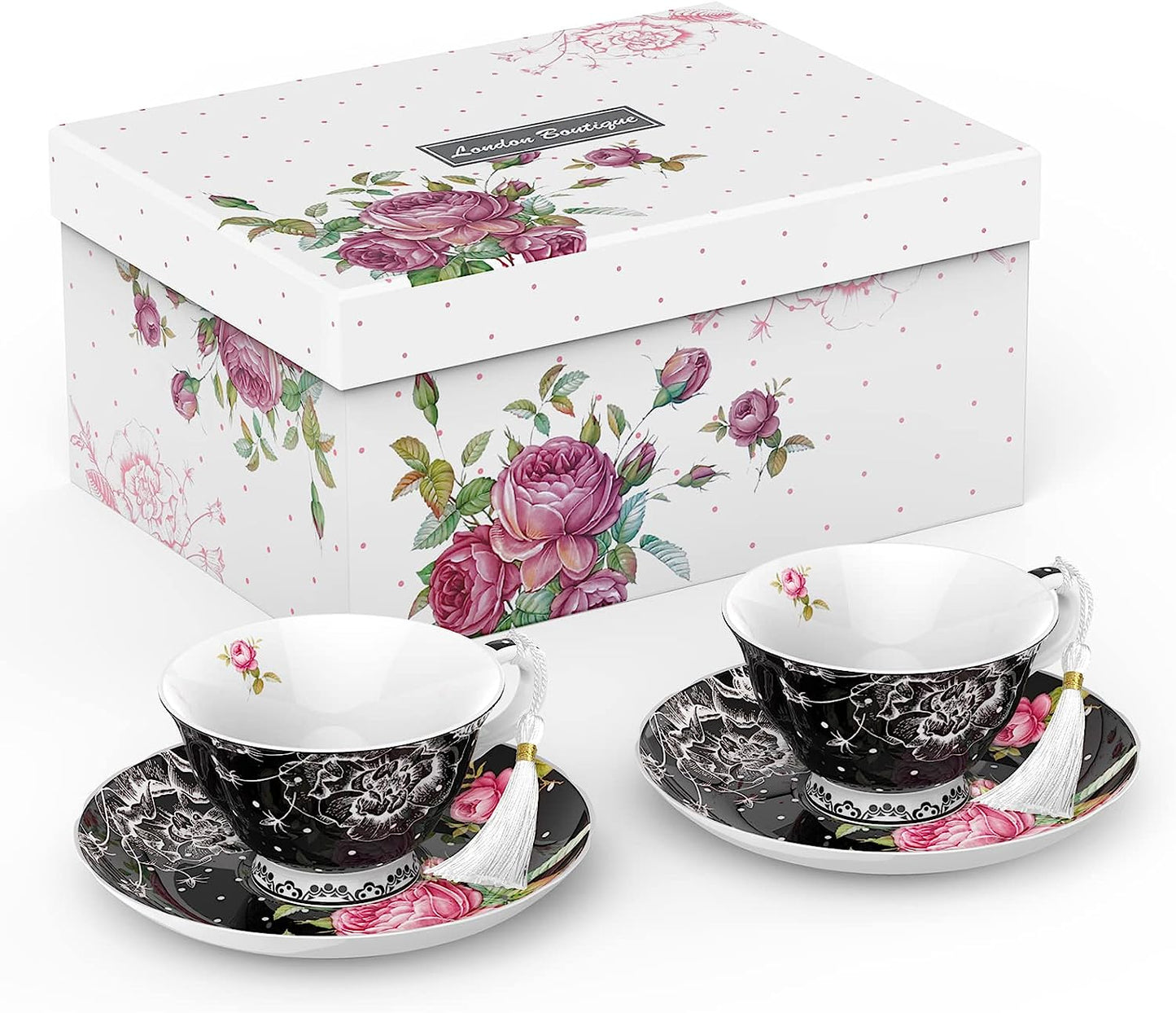 Mothers Day Coronation Party Afternoon Tea Coffee Cake Set with- 3 Tier Cake Stands 2 Cups 2 Saucers 4 Plate (Black