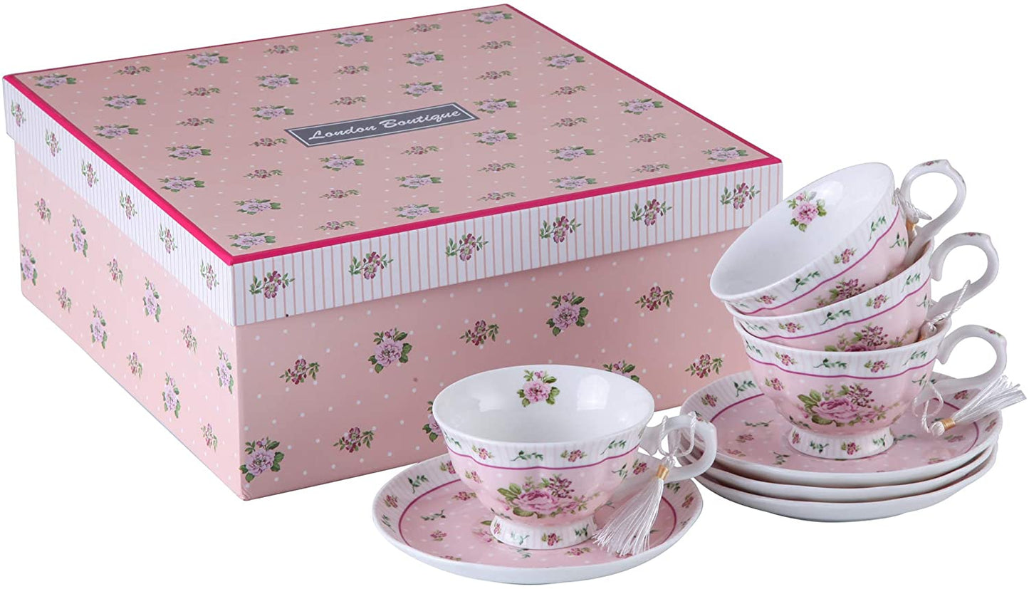Christmas New Year Family Party Set Special 3 Tier Cake Stand Teapot Milk Jug 4 Cups 4 Saucers (Pink Rose)
