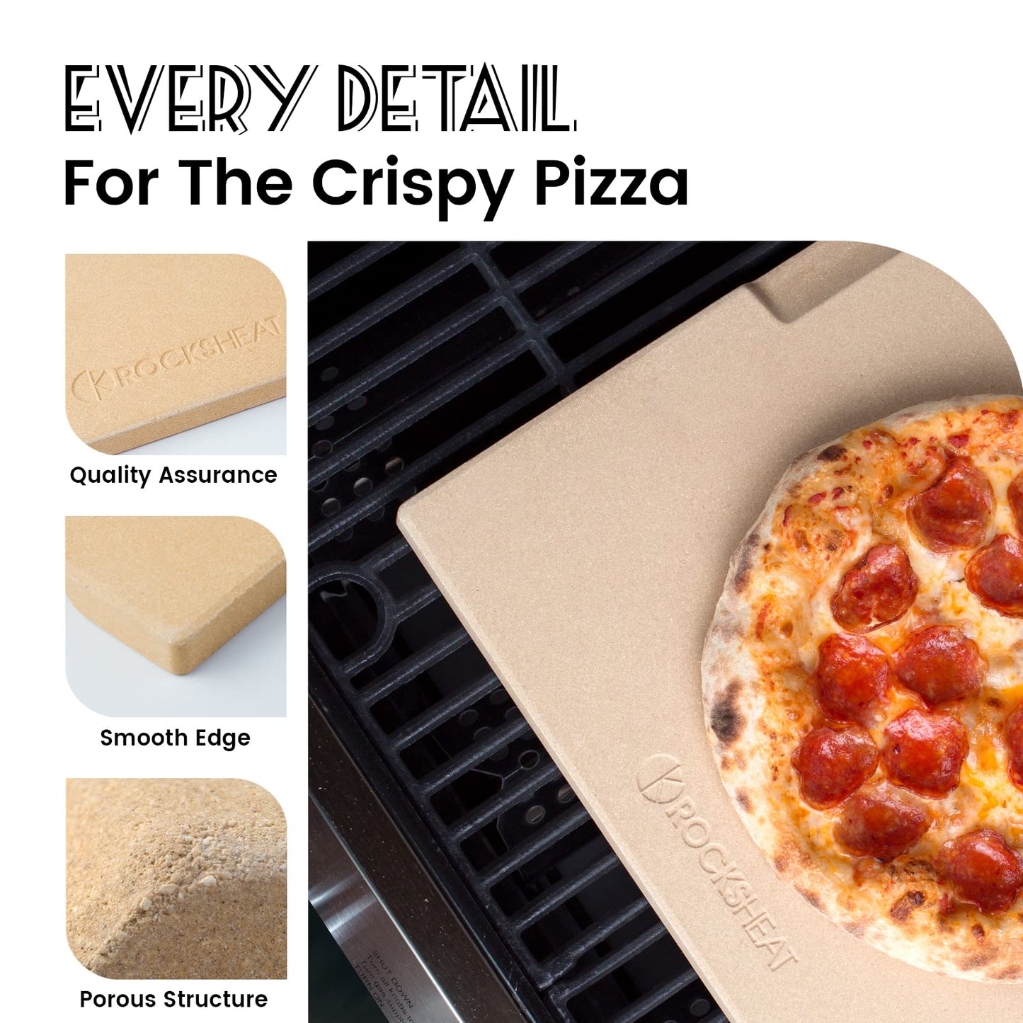 ROCKSHEAT Pizza Stone Bread Baking Stone 30 x 38cm Rectangular Stone for Oven and Grill Innovative Double-Sided Built-in Design with 4 Handles Pizza