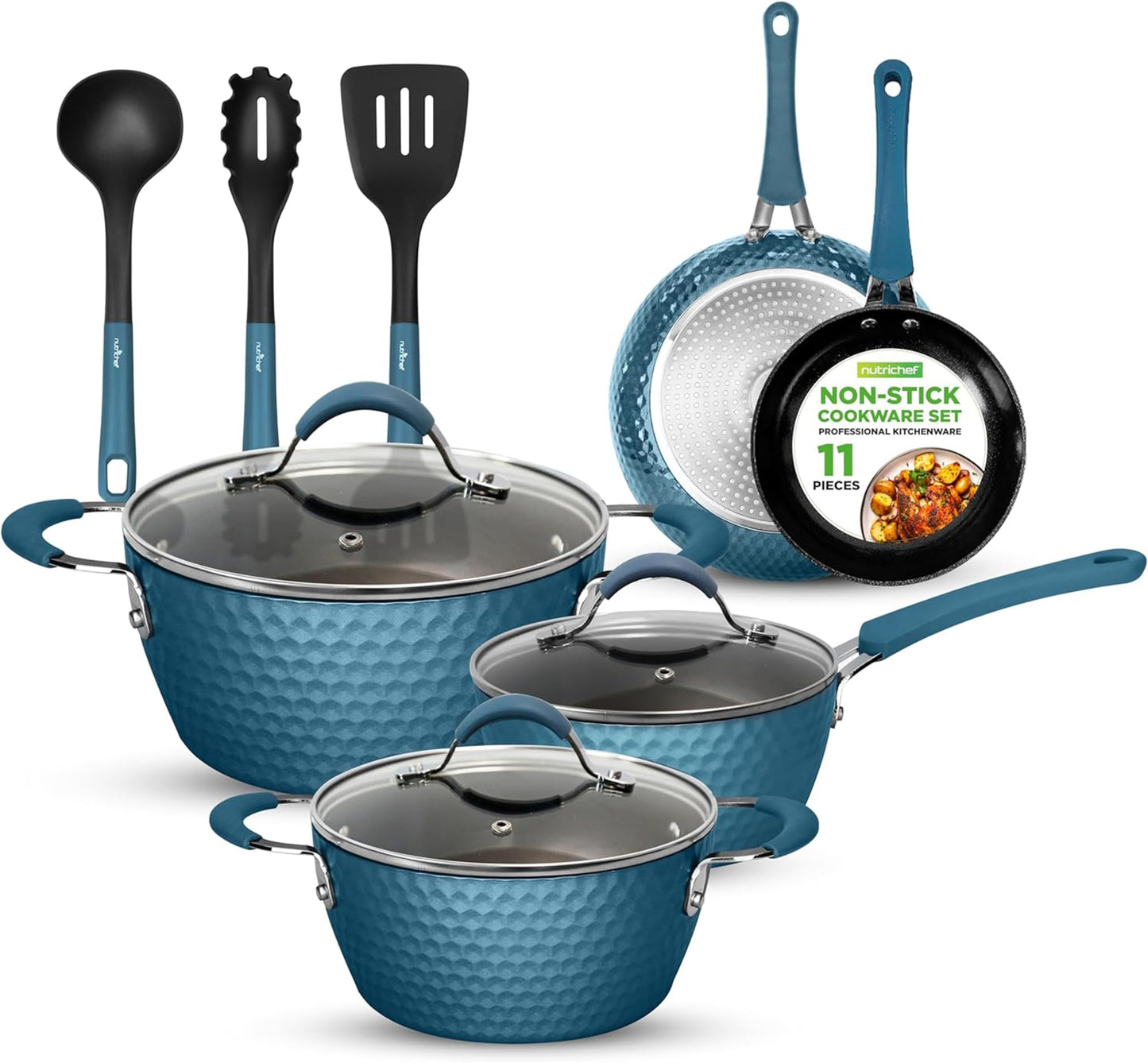 NutriChef 11 Pc Pots and Pans Set Non Stick Cookware with Ceramic Coating, Ergonomic Handles, Induction Ready, Includes Saucepan, Dutch Oven, Large &