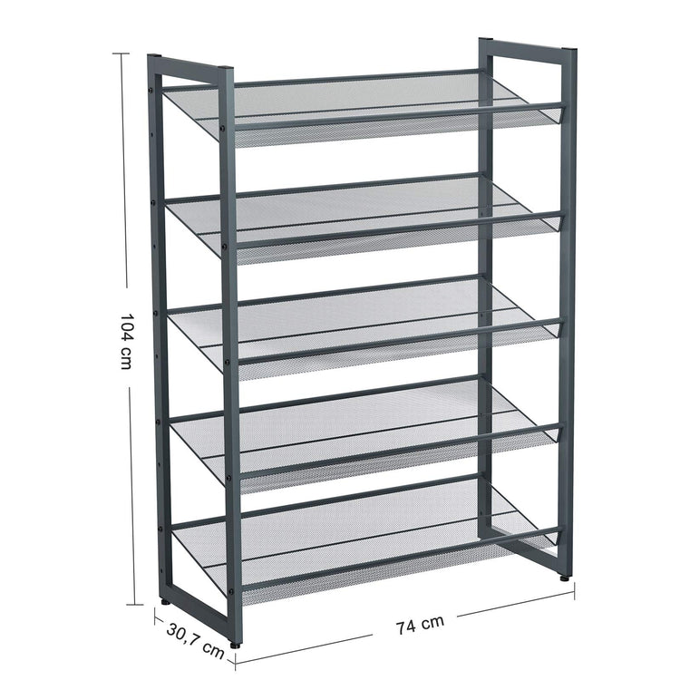 SONGMICS Shoe Rack, 5-Tier Stackable Shoe Storage Shelf, Metal Shoe Organiser with Adjustable Flat or Angled Shelves, 30.5 x 74 x 103.8 cm, Holds