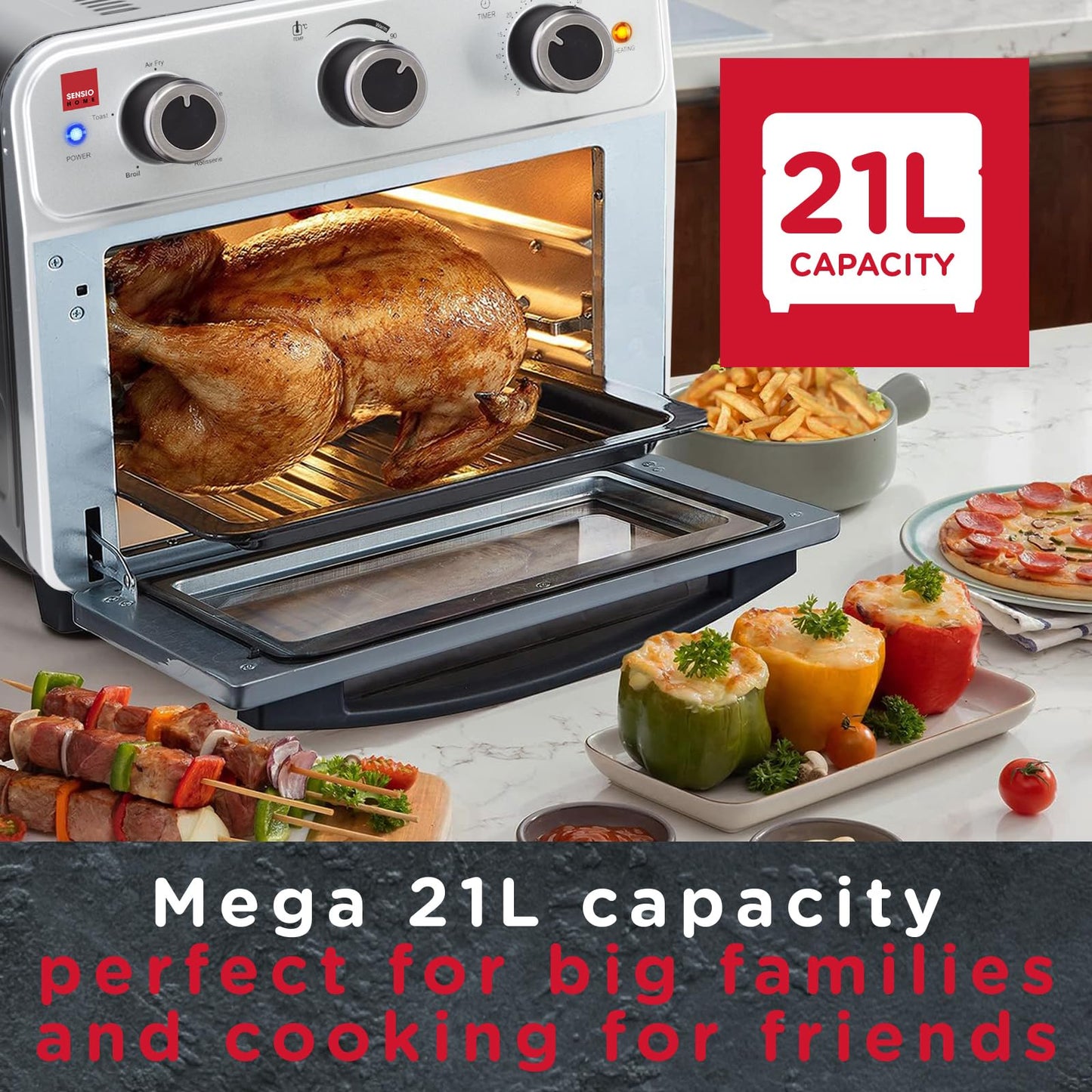 Sensio Home Mega 21L Capacity Air Fryer Oven, Family Size Healthy Cooking, 1800W Multifunctional, Rotisserie Bake Broil Toast Timer, Oil Free Cooking,