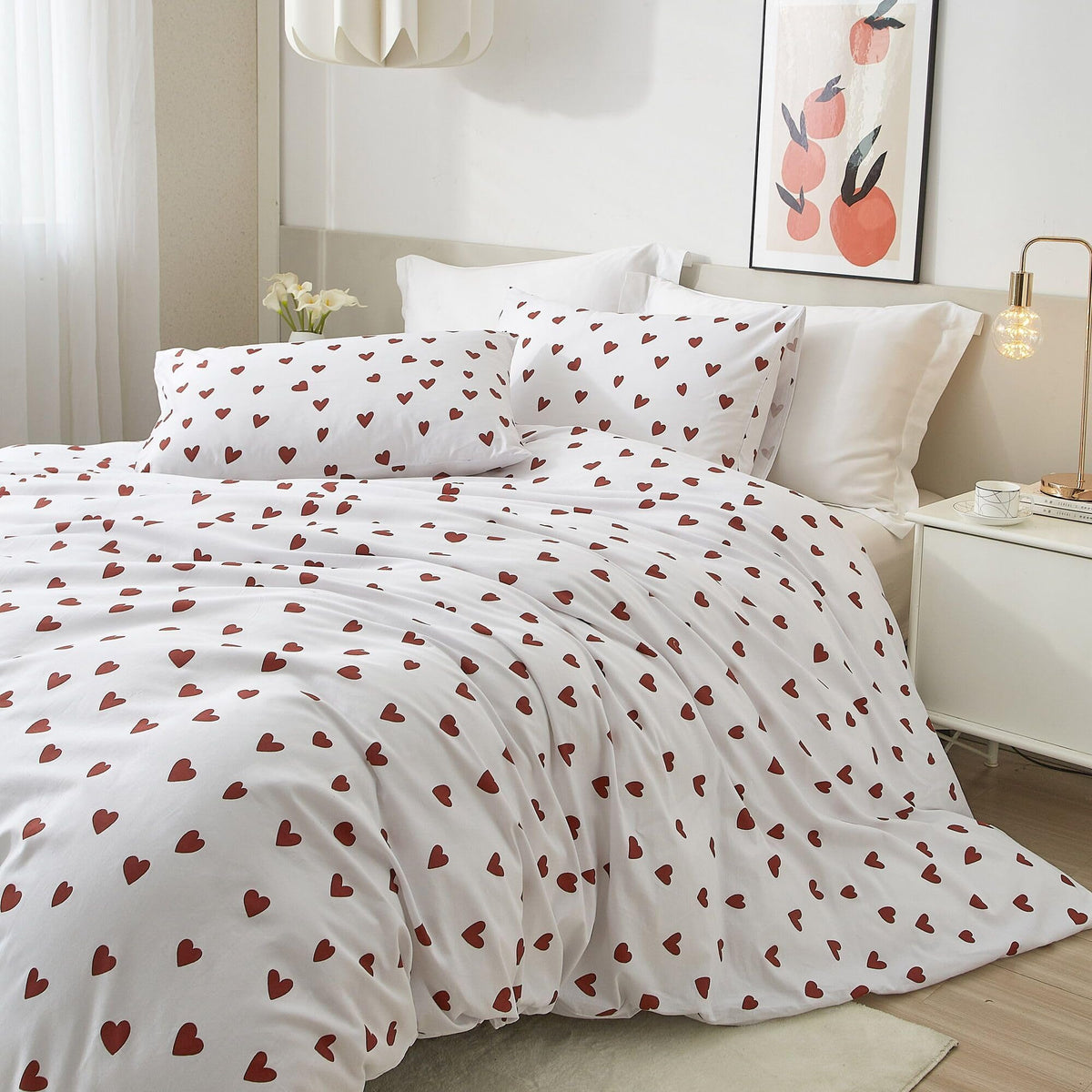 Ruccit Red Heart Duvet Cover Set Double 100% Cotton White Duvet Cover Lovely Heart Pattern 3pcs Modern Bedding Set with Zipper Closure Corner