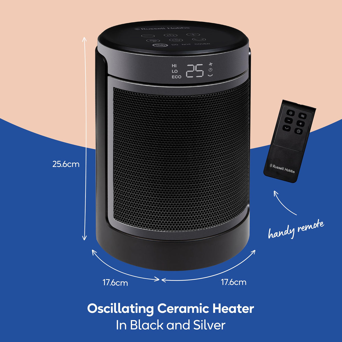 Russell Hobbs Space Heater in Black & Silver 1500W Portable Oscillating Ceramic Round Electric Heater, Low Energy Digital Display, 4 Modes, 24hr Auto