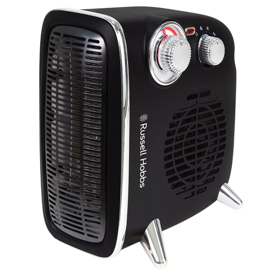 Russell Hobbs 1800W/1.8KW Vertical/Horizontal Retro Fan Heater with Variable temperature thermostat in Black, 2 Heat Settings, Overheat Protection,