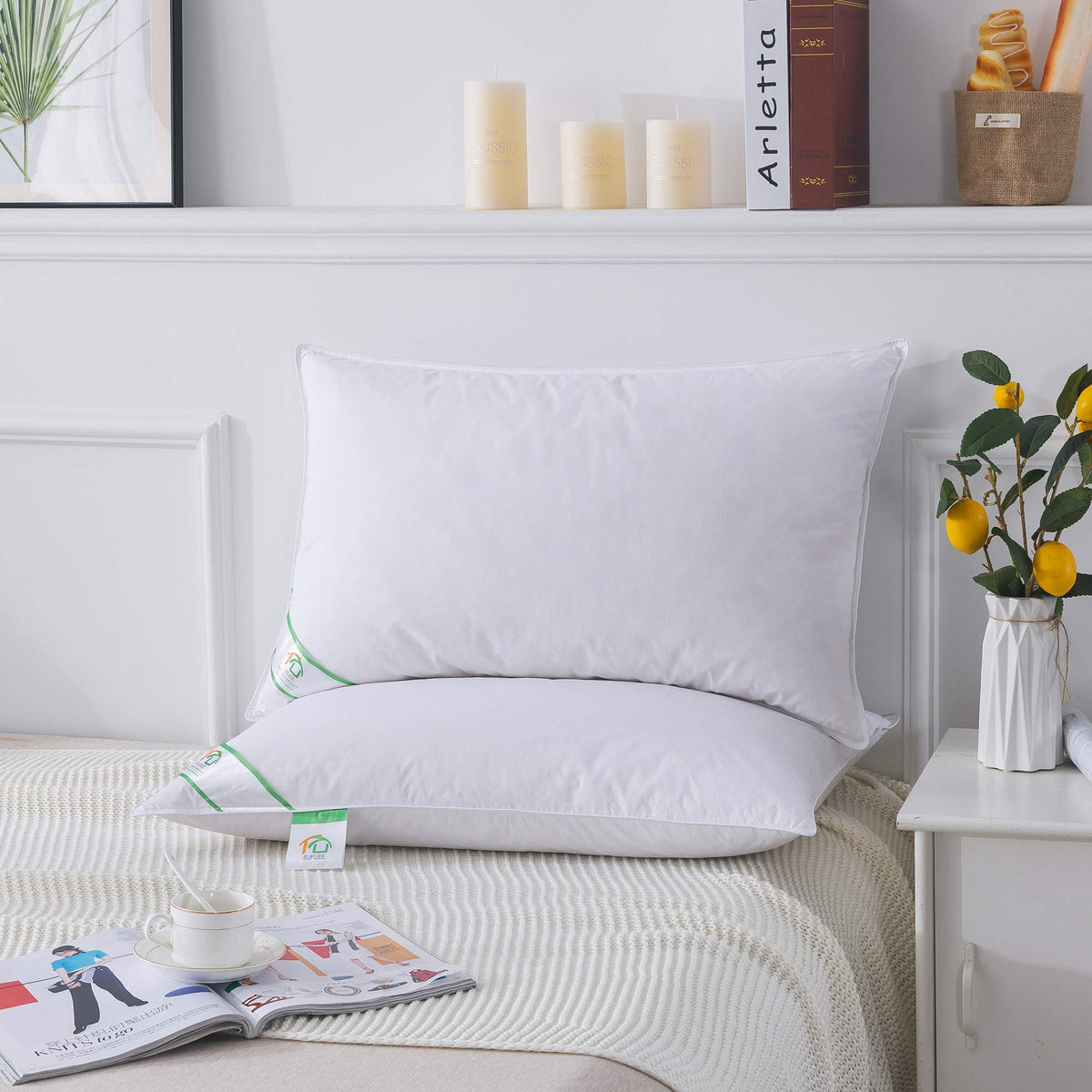 SUFUEE Goose Feather and Down Pillows Pair, Luxury Pillows with 100% Cotton Cover, Medium and Soft Firmness, Hotel Quality(48X74cm)