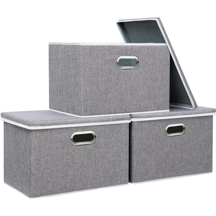 Yawinhe Large Storage Box with Lid 3 Pack, Collapsible Cubes Baskets, for Cupboards, Wardrobe, Shelves, 44x30x30cm, Grey, SNK023GX-3