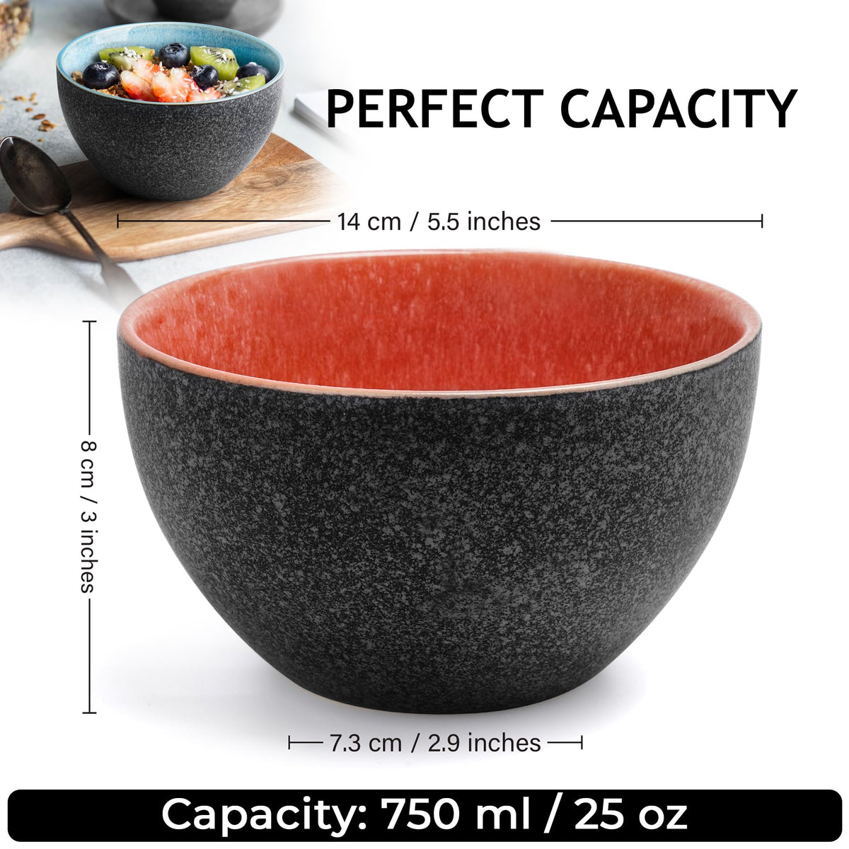 MIAMIO ? 750 ml, Bowls Set of 6, Ceramic Bowl, Salad Bowls, Soup Bowl, Cereal Bowl, Kitchen Bowls, Rice Bowls ? Microwave, Dishwasher and Oven Safe ?