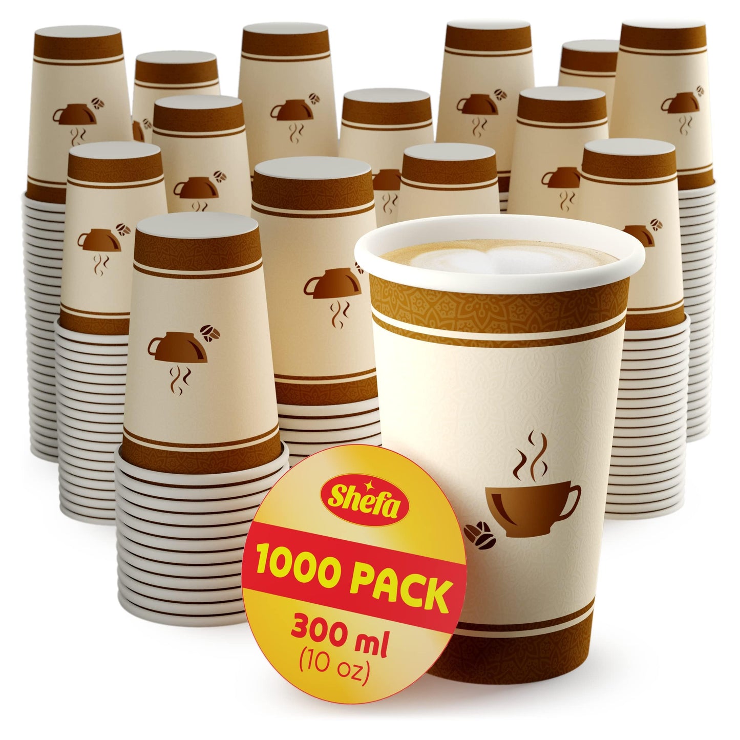 Shefa 10oz, 1000 Paper Cups - Heat-Resistant, BPA-Free Coffee Cups for Hot and Cold Drinks - Takeaway for Coffee Shops