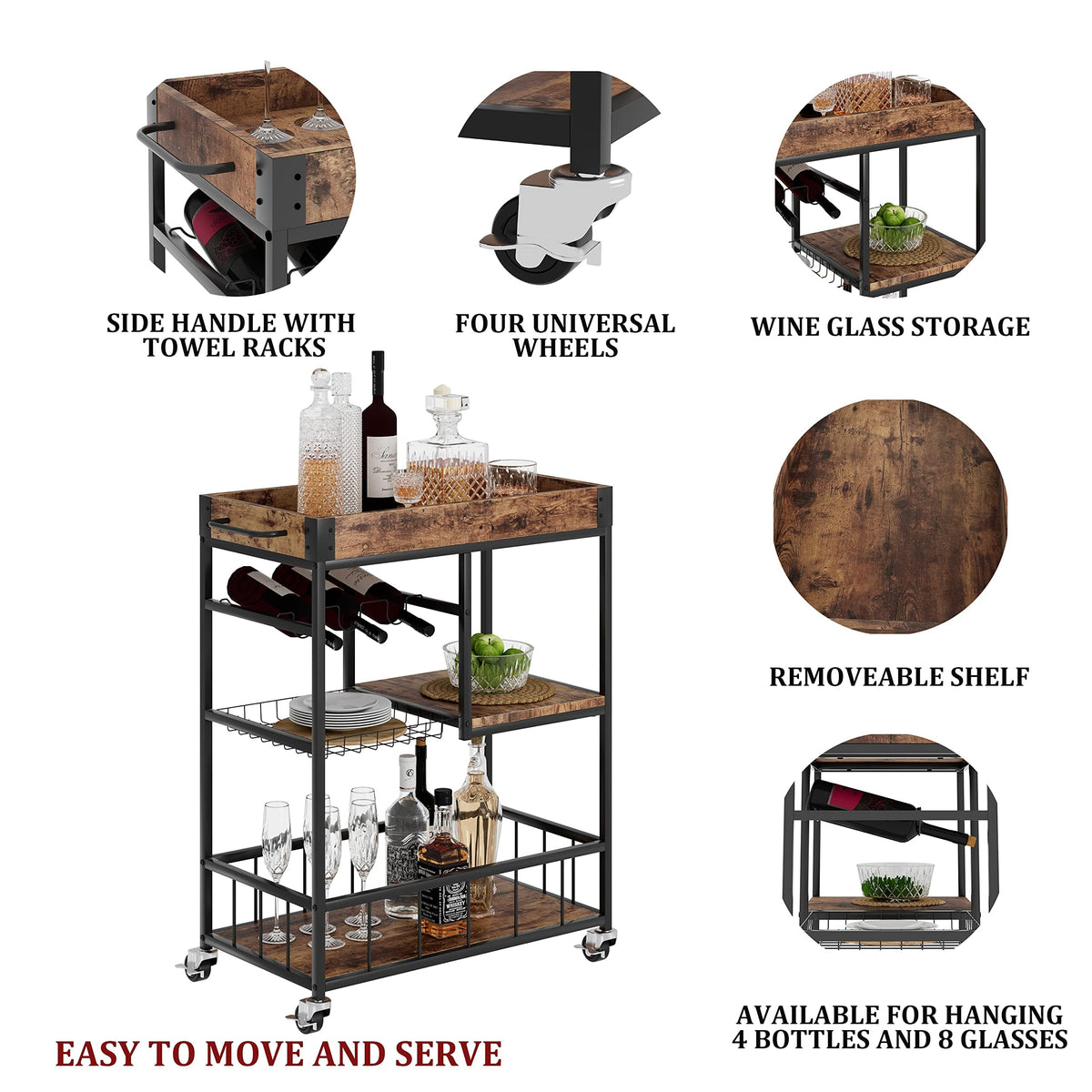 Huhote Serving Trolley, Brown Wood Grain, 3-Tier Shelf, Wine Rack, Wheels with Brakes, Ideal for Kitchen, Dining Room, Living Room, Bar, Party