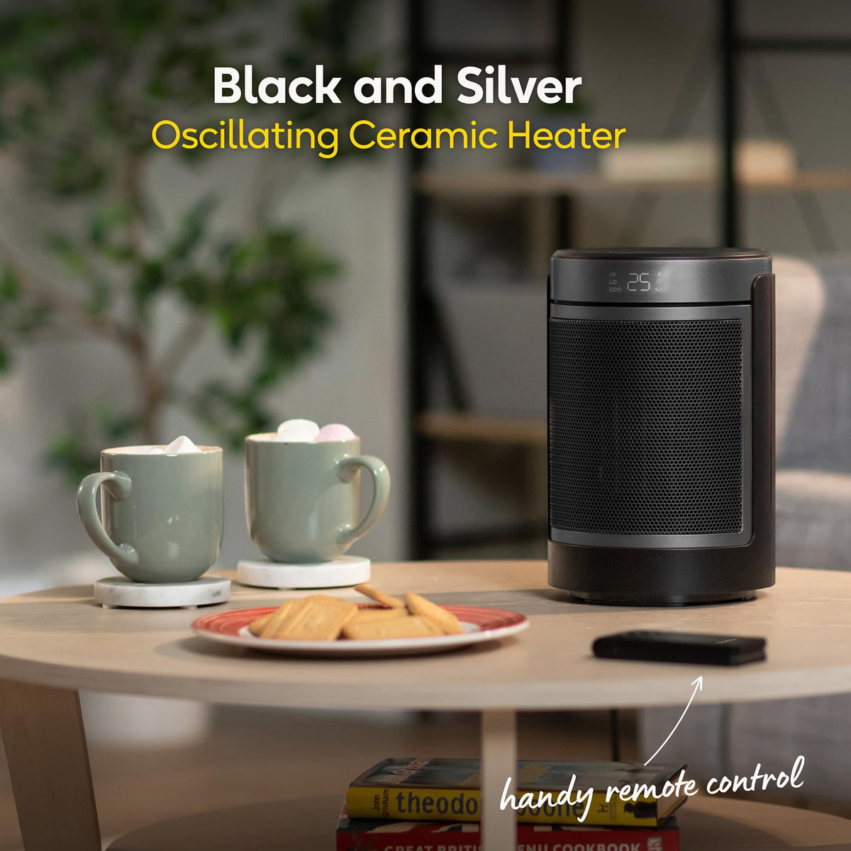 Russell Hobbs Space Heater in Black & Silver 1500W Portable Oscillating Ceramic Round Electric Heater, Low Energy Digital Display, 4 Modes, 24hr Auto