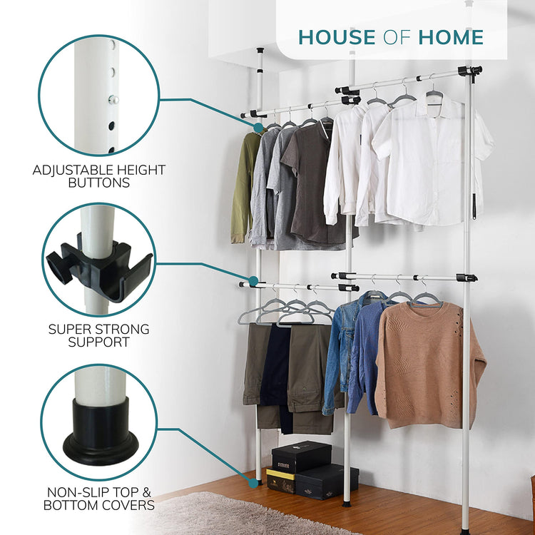 House of Home Heavy Duty Double Telescopic Clothes Rail - Rail Wardrobe Replacement - Adjustable Shelving Rack - Clothes Storage & Organiser for