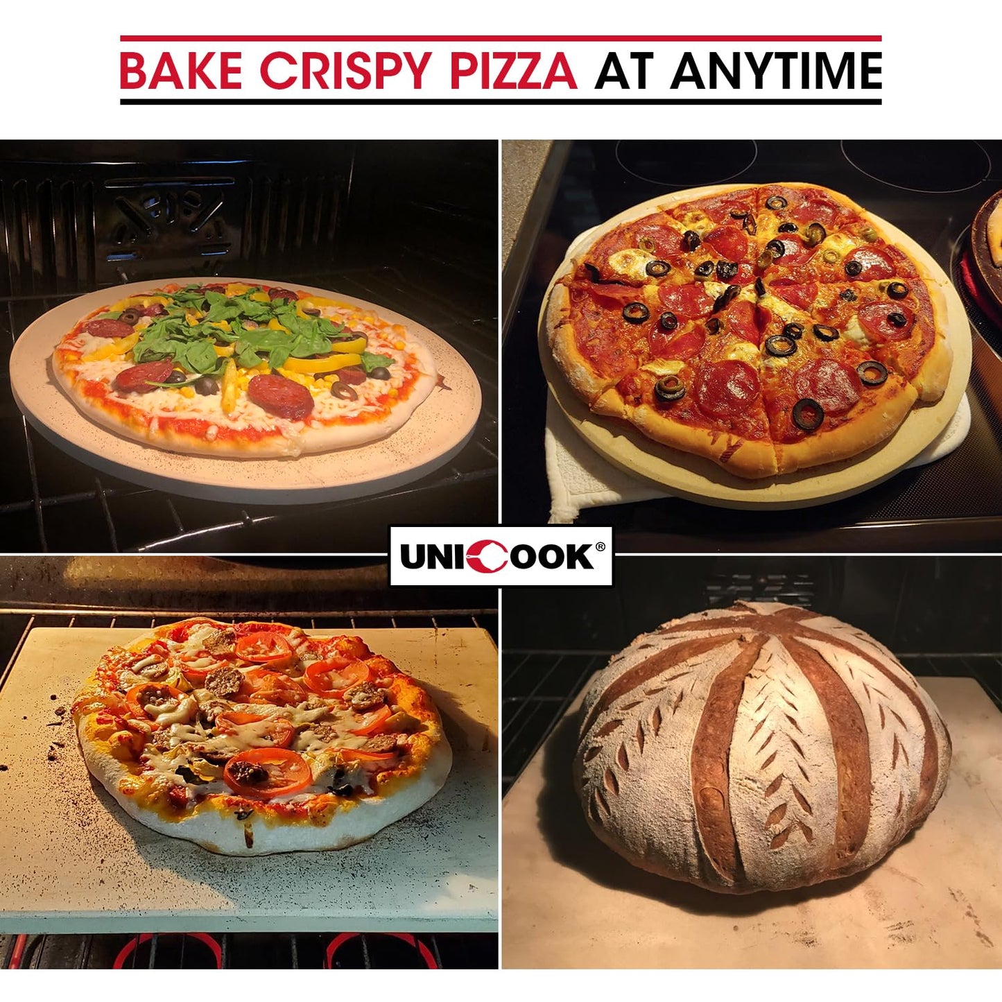 Unicook Large Square Pizza Stone 40.6 x 35.5 cm, Heavy Duty Ceramic Baking Stone for Oven, BBQ and Grill, Ideal for Making Crisp Crust Pizza, Bread,