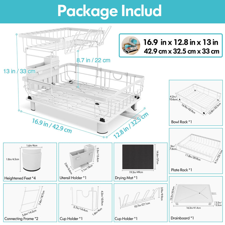 MAJALiS Dish Drying Rack, 2 Tier Dish Drainer Rack with Drip Tray and Drainer Mat, Stainless Steel Dish Rack with Utensil Holder, Swivel Spout,