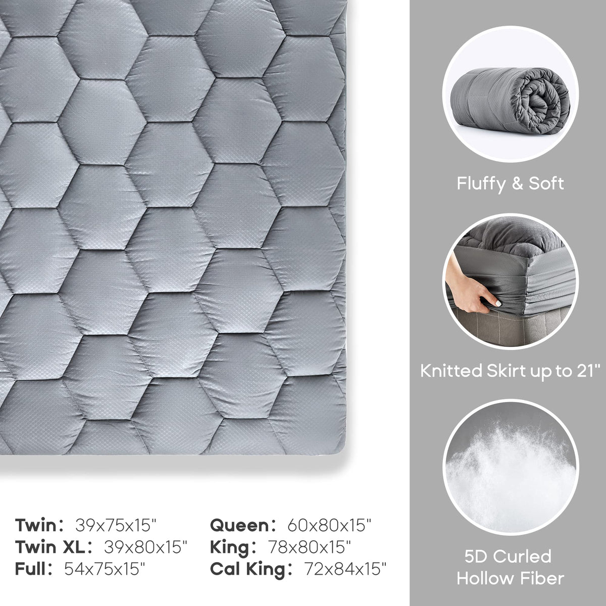 SONIVE Waterproof Mattress Topper Soft Bed Topper Breathable Thick Fitted Deep Mattress Protector Filling Pad with with Elasticized Straps for Double