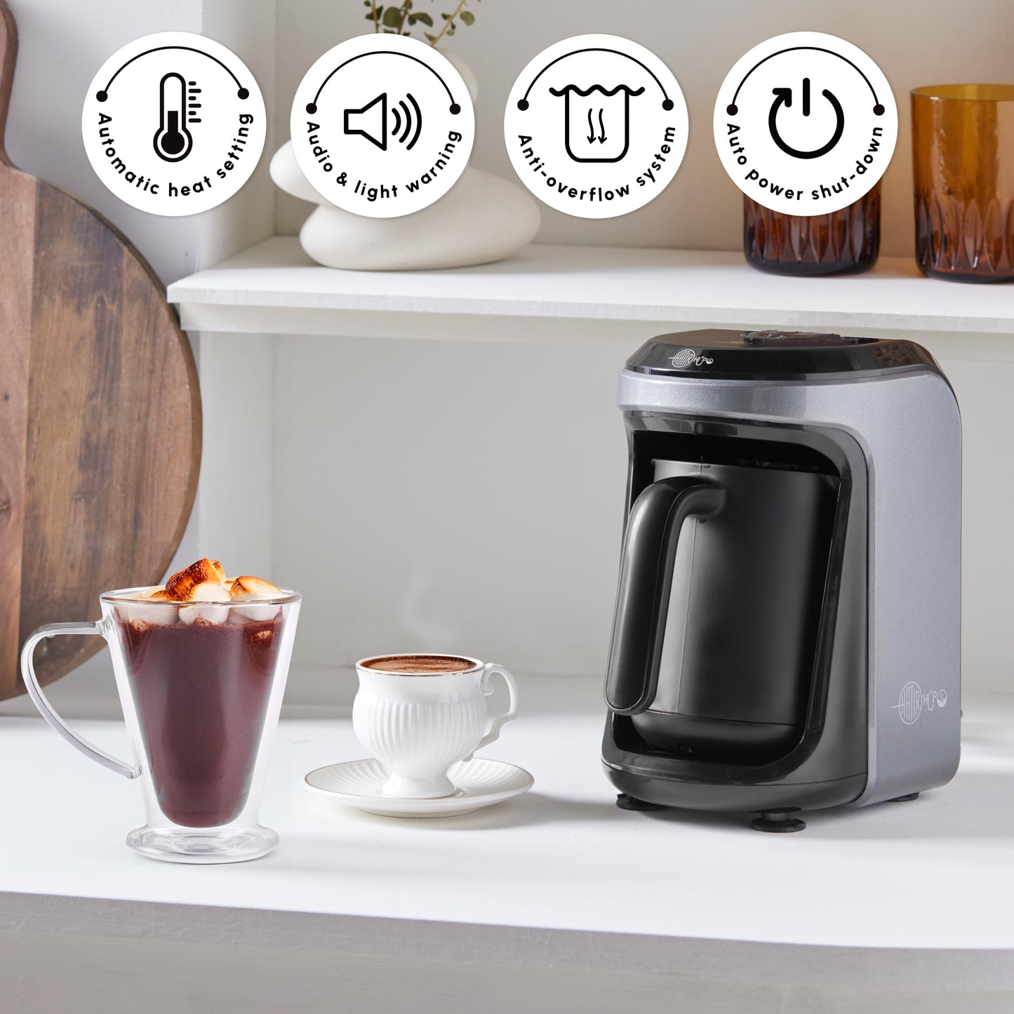 KARACA Hatr Hps Turkish Coffee Maker & Milk Option - 300 Ml Automatic Small Turkish Coffee Machine with Measuring Spoon & Cleaning Brush - 5 Cup