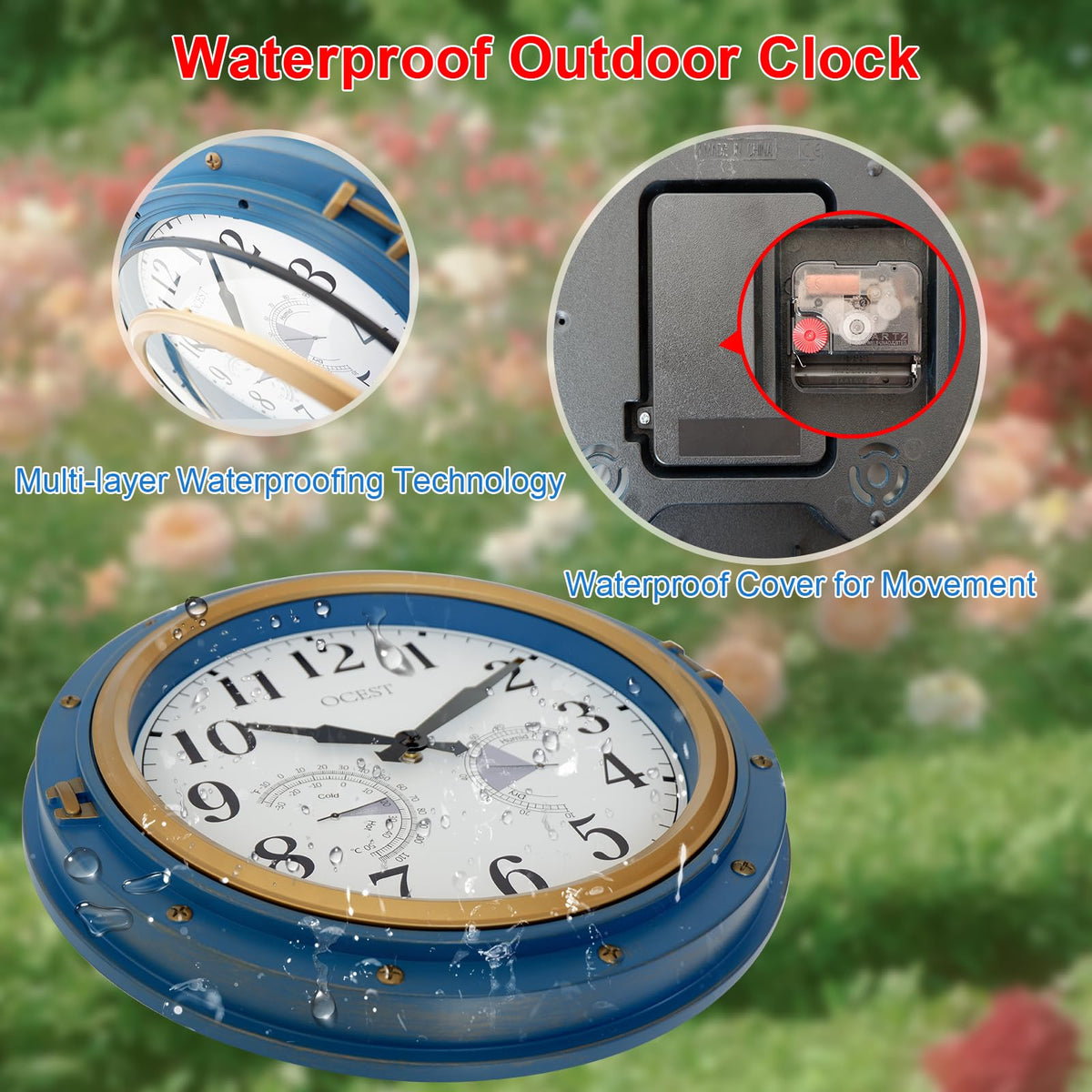 OCEST 16 Inch Garden Clocks Outdoor Waterproof, Large Thermometer, Hygrometer, Retro Design, Non-Ticking Battery Operated for Home Decor Patio (Blue)