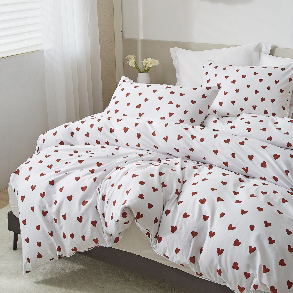 Ruccit Red Heart Duvet Cover Set Double 100% Cotton White Duvet Cover Lovely Heart Pattern 3pcs Modern Bedding Set with Zipper Closure Corner