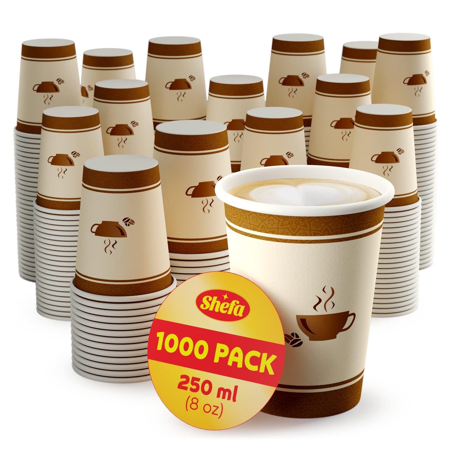 Shefa 1000 Coffee Cups - 8oz Paper Cups for Hot or Cold Drinks, Takeaway Coffee Cups for Coffee Shops - Heat-Resistant Coffee or Tea Cup, BPA-Free