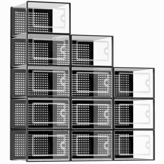 Kuject Large Shoe Boxes, Clear Stackable Shoes Storage Organiser, Fit Size 12, Plastic Sneakers Containers, Great Substitute for Shoe Rack, Space