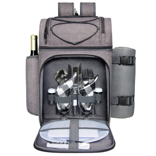 Hap Tim Picnic Basket Backpack for 2 Person with 2 Insulated Cooler Compartment, Wine Holder, Fleece Blanket, Cutlery Set,Perfect for Beach, Hiking,