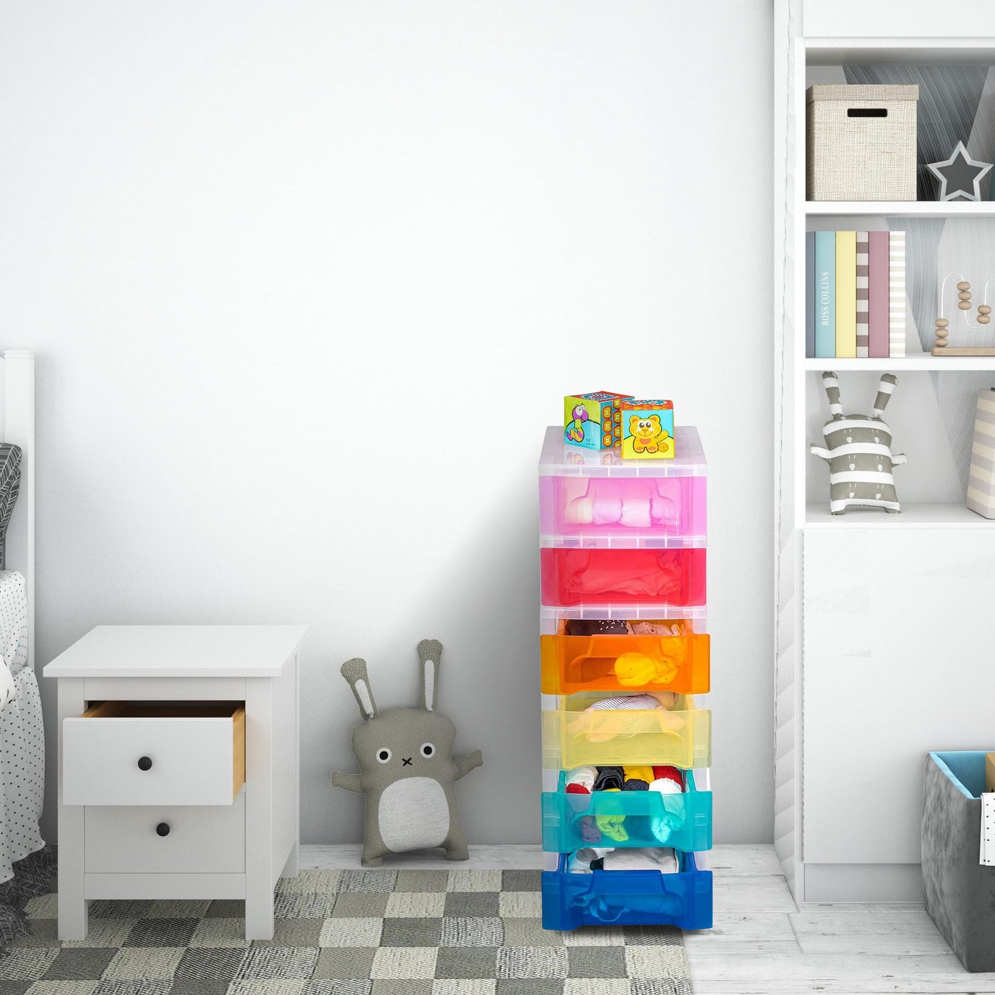 Really Useful Box Plastic Storage Slimline Tower 6x3.5 Litre Clear Frame with Rainbow Drawers