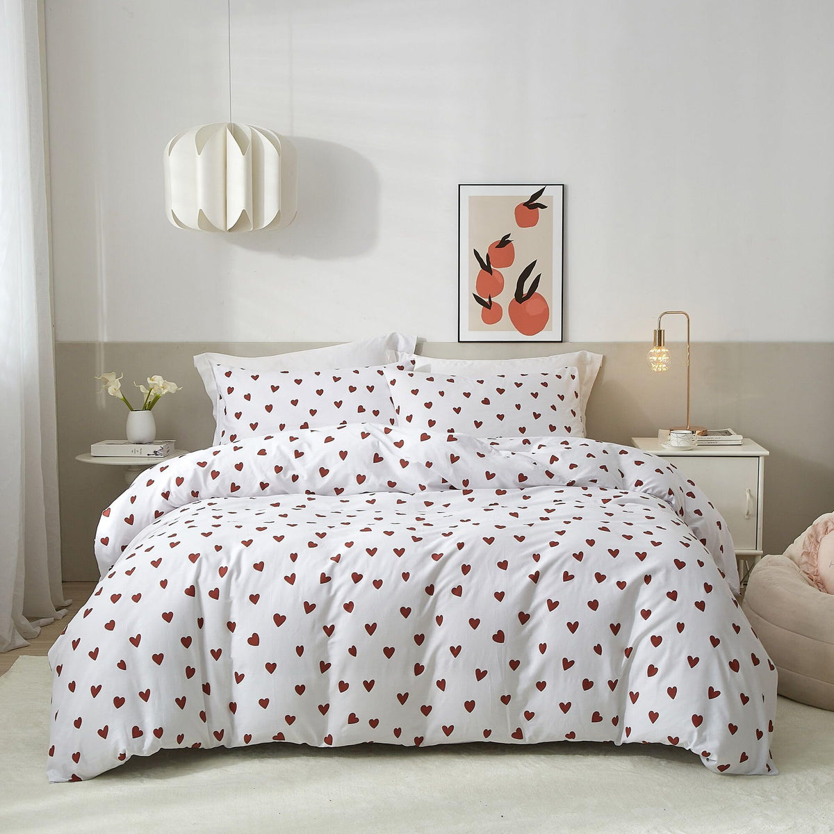Ruccit Red Heart Print King Size Duvet Cover Sets 100% Cotton Love Heart Duvet Cover White Pattern 3pcs Modern Bedding Set with Zipper Closure Corner