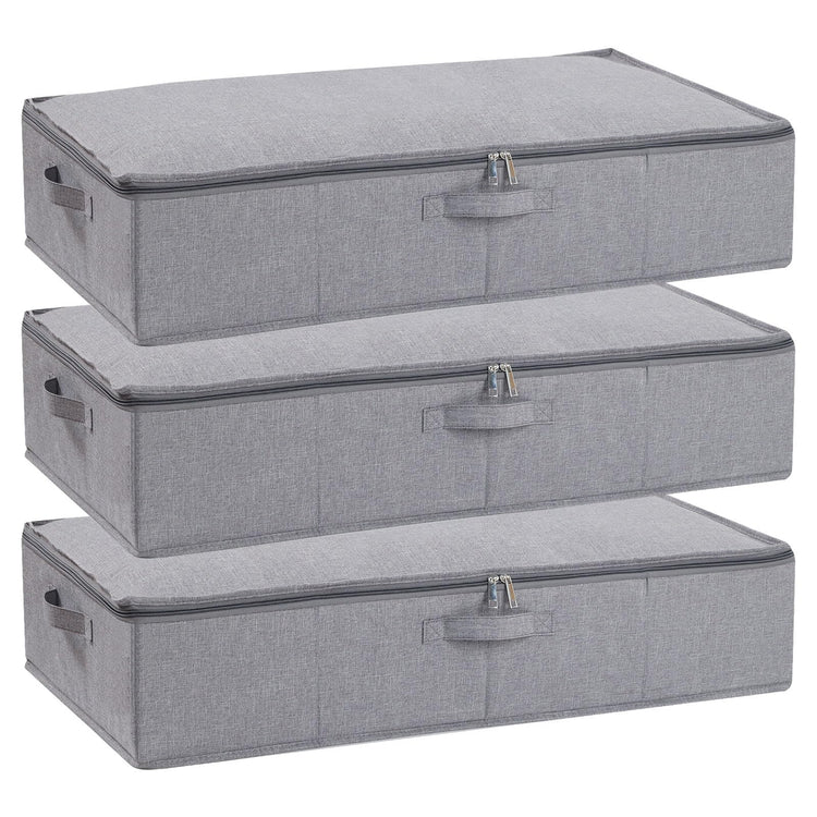 YheenLf Under Bed Storage Box with Lid, Foldable Wardrobe Organiser with Reinforced Handles for Blanket, Sheets, Clothing, Shoes, Grey, 3-Pack,