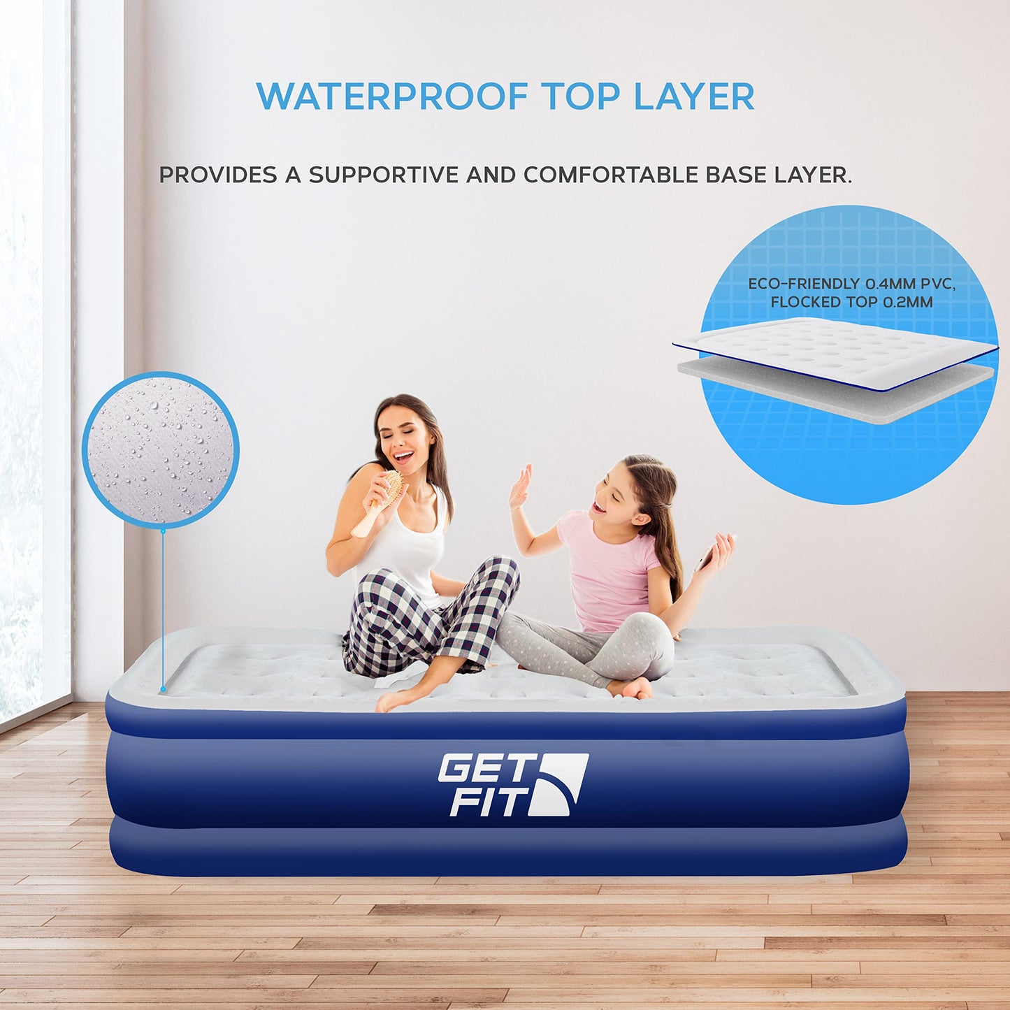 Get Fit Air Bed with Built In Electric Pump - Premium Single Size - Blow Up Bed with Free Pillow - Elevated Inflatable Air Mattress for Outdoor,