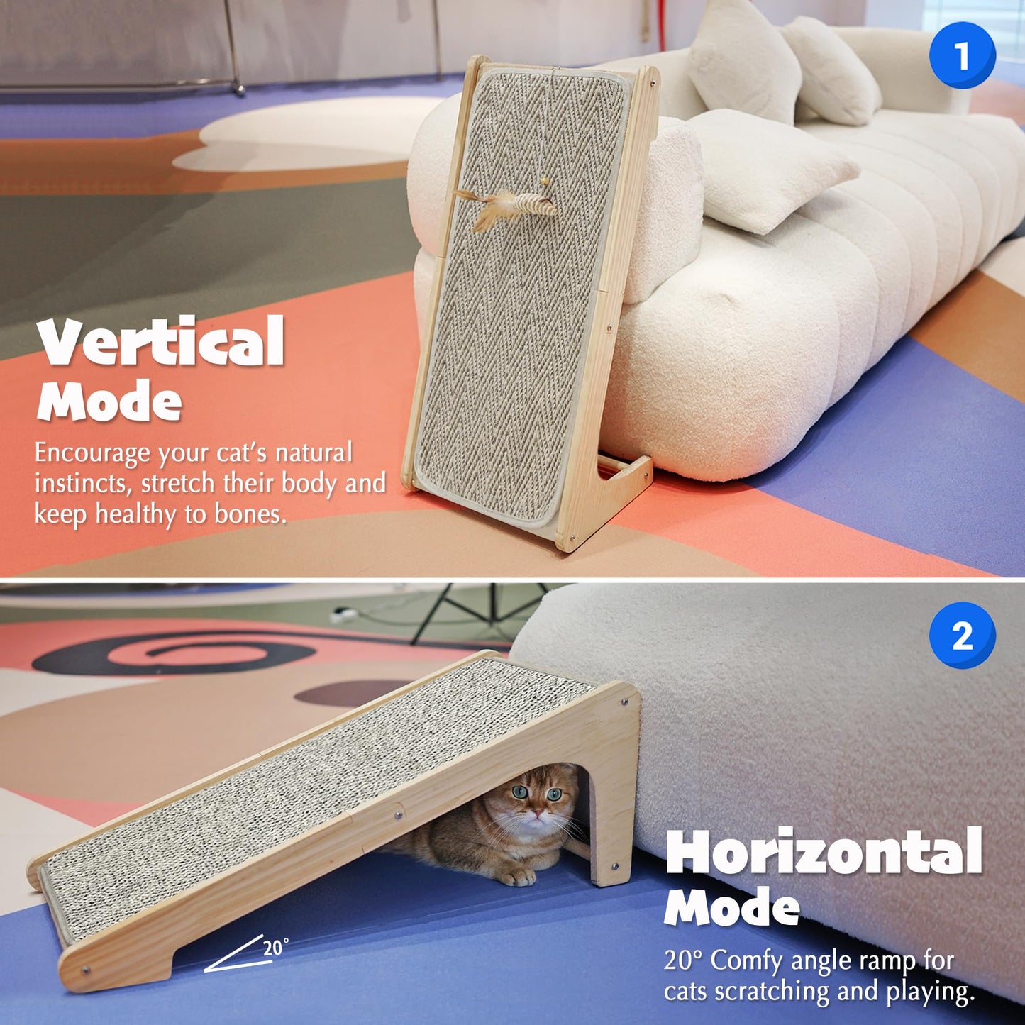 PETKARAY Cat Scratcher, Sisal Scratching Ramp, L Shape Cat Scratch Pad for Indoor Cats, 27" Wall Furniture Protector with Mouse Toy