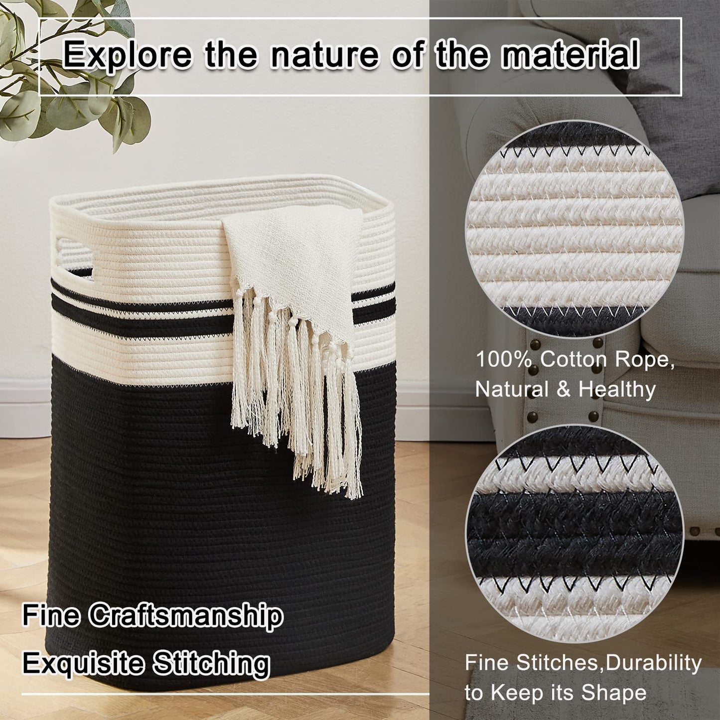 OIAHOMY Laundry Hamper-Laundry Basket,Tall Cotton Storage Basket with Handles,Decorative Blanket Basket for Living room,Collapsible Large Basket for