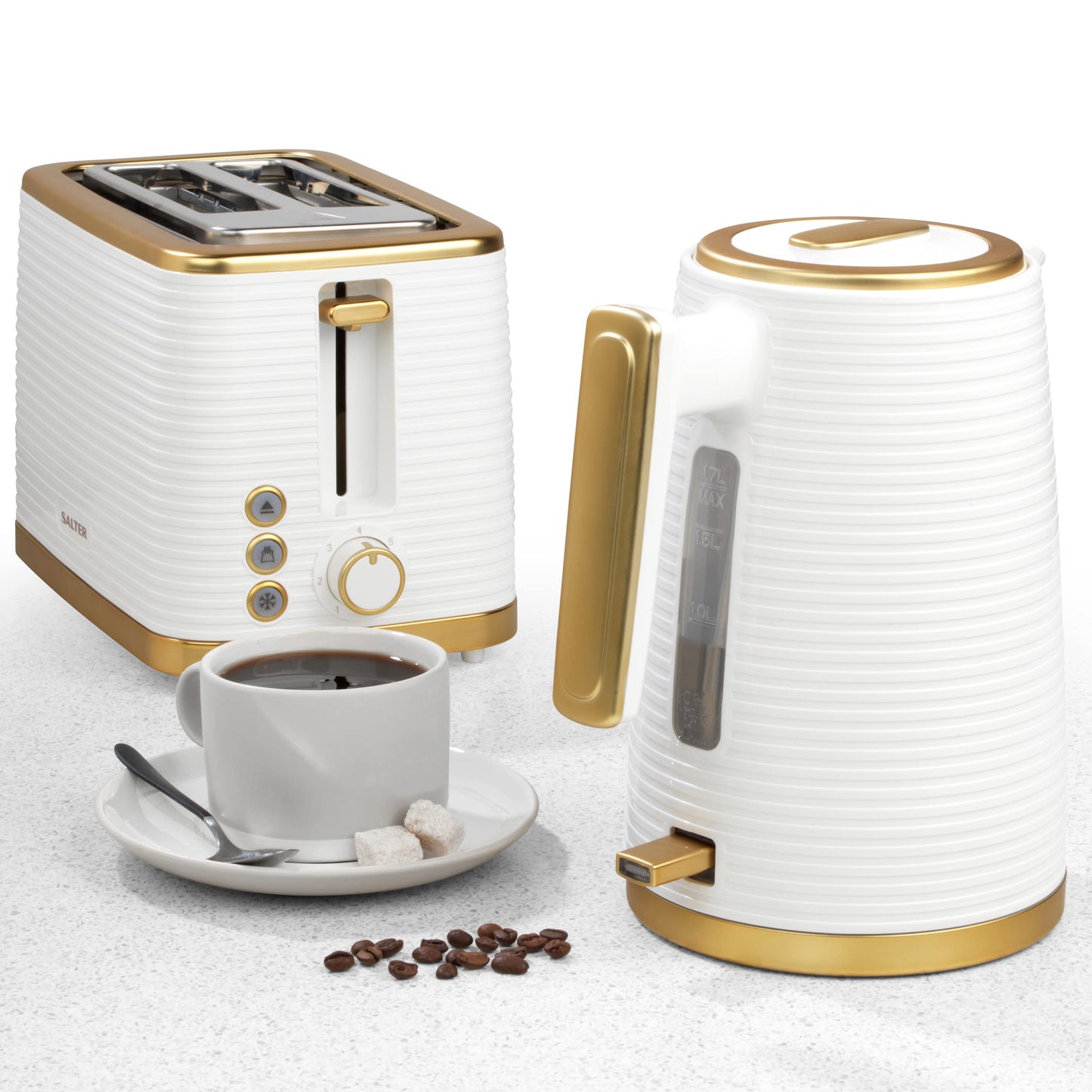 Salter COMBO-7996 Palermo Electric Kettle and Toaster Set, 2-Slice Toaster with Wide Slots and 7 Browning Functions, 1.7L Cordless Kettle with Boil