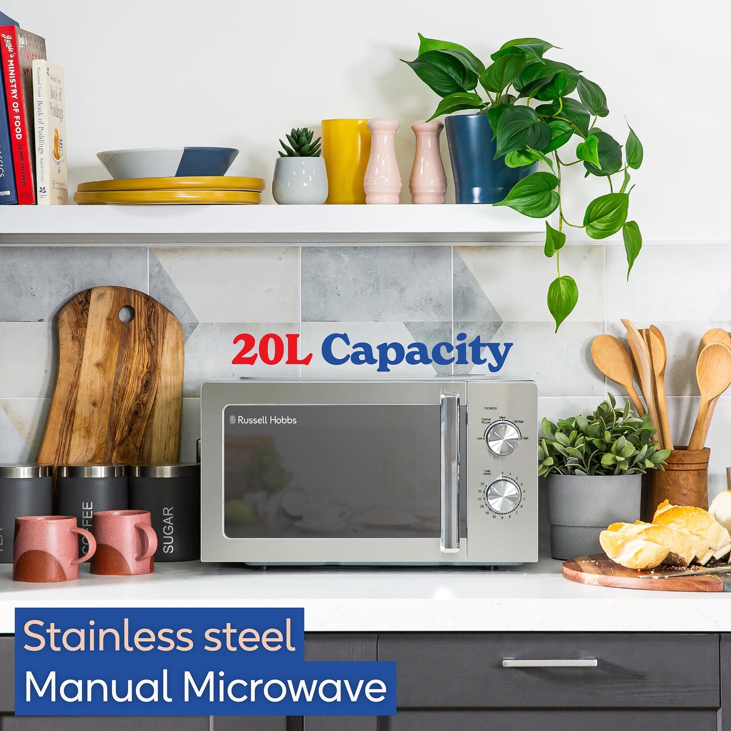 Russell Hobbs Stainless Steel Microwave 20 Litre 800W Solo Manual with 5 Power Levels, Defrost Function & Easy Clean, 35 Minute Timer, RHMM827SS