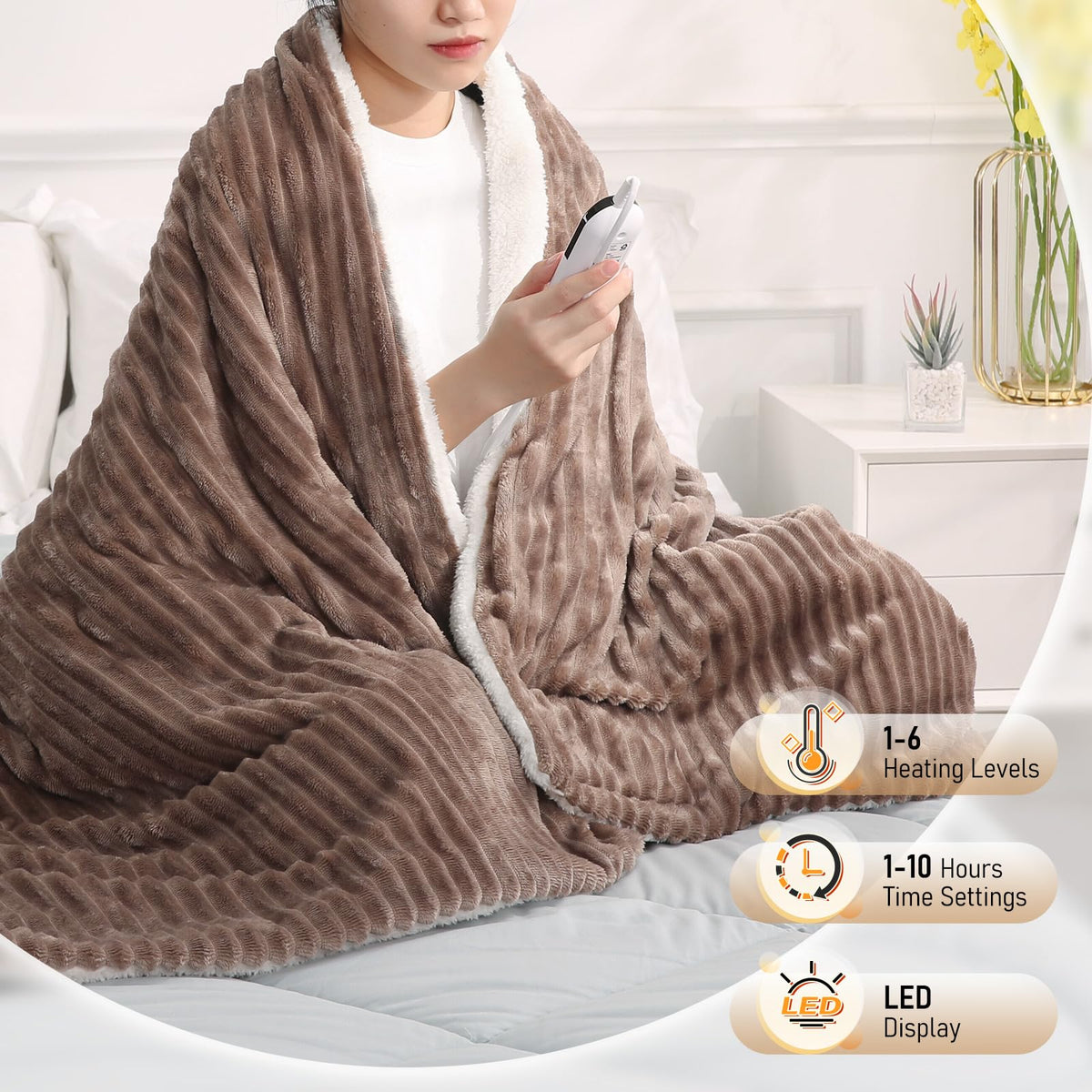 CURECURE Electric Heated Blanket Throw, Soft Ribbed Flannel and Sherpa Heated Blanket, 180 X 130cm, 6 Heat Settings & 1-10 Hours Automatic Timer, Home
