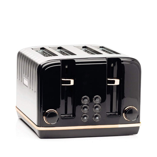 Haden Salcombe Black 4 Slice Toaster - Dual Browning Control, Retro Design, Wide Slot Toaster - Stainless Steel Housing - Self Centring Function -