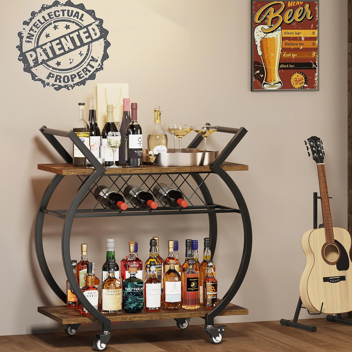 LVB Drinks Trolley, Bar Cart for Kitchen, Beverage Serving Liquor Cart with Wheels, Wood and Metal Rolling Wine Cart with Storage Shelf